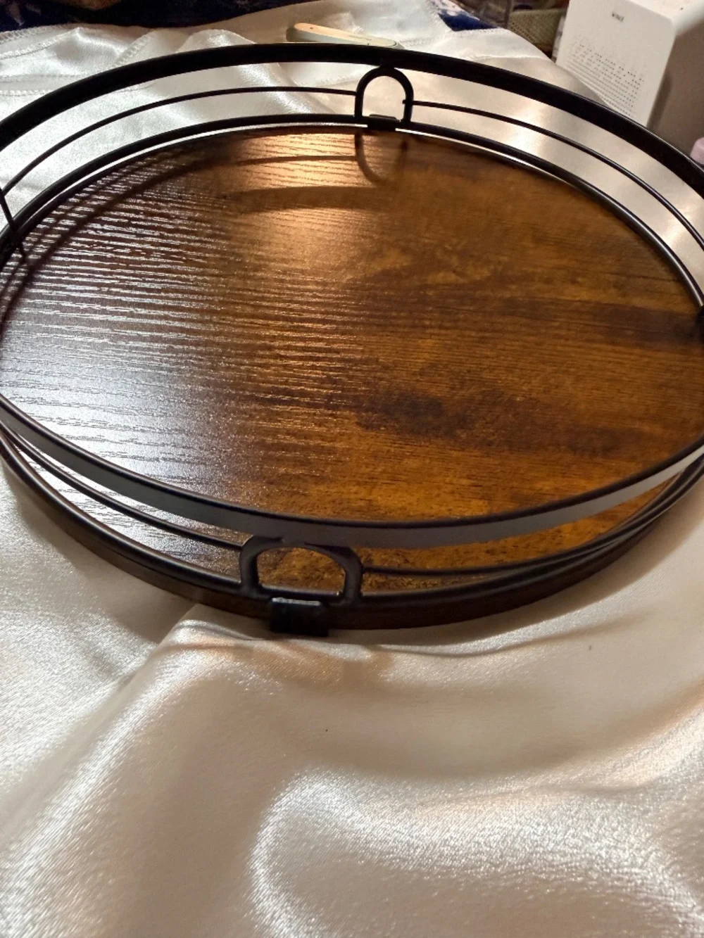Round Rotating Serving Tray with Metal Rail Wood Look Lazy Susan